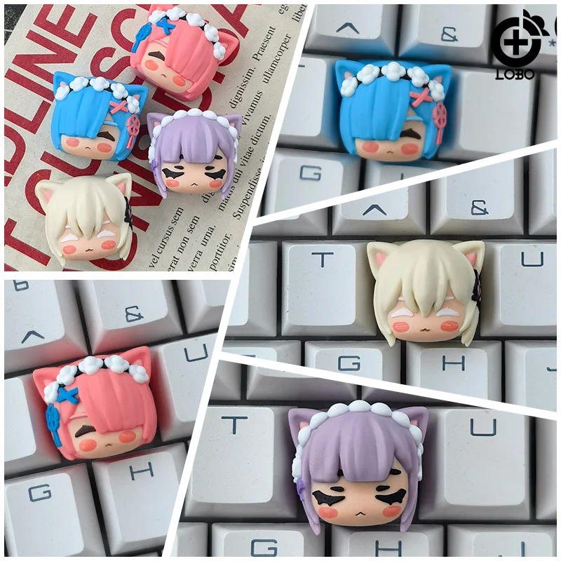 Anime Keycap Resin Material Emilia Rem Ram Satella Mechanical Keyboard Personalise Anime Character Keyboard Decoration Cap Gift