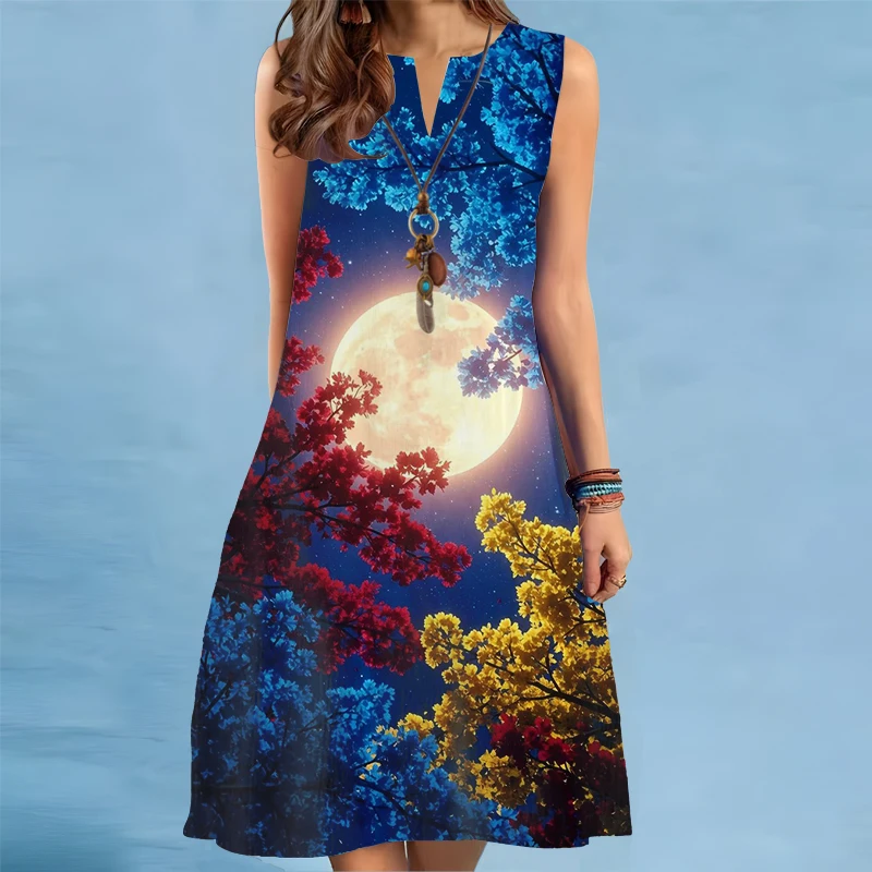 New Summer Print A-Line Dress Women Casual Sexy Sleeveless V-neck Loose Mini Dress Elegant Landscape Oil Painting Dress Vestidos
