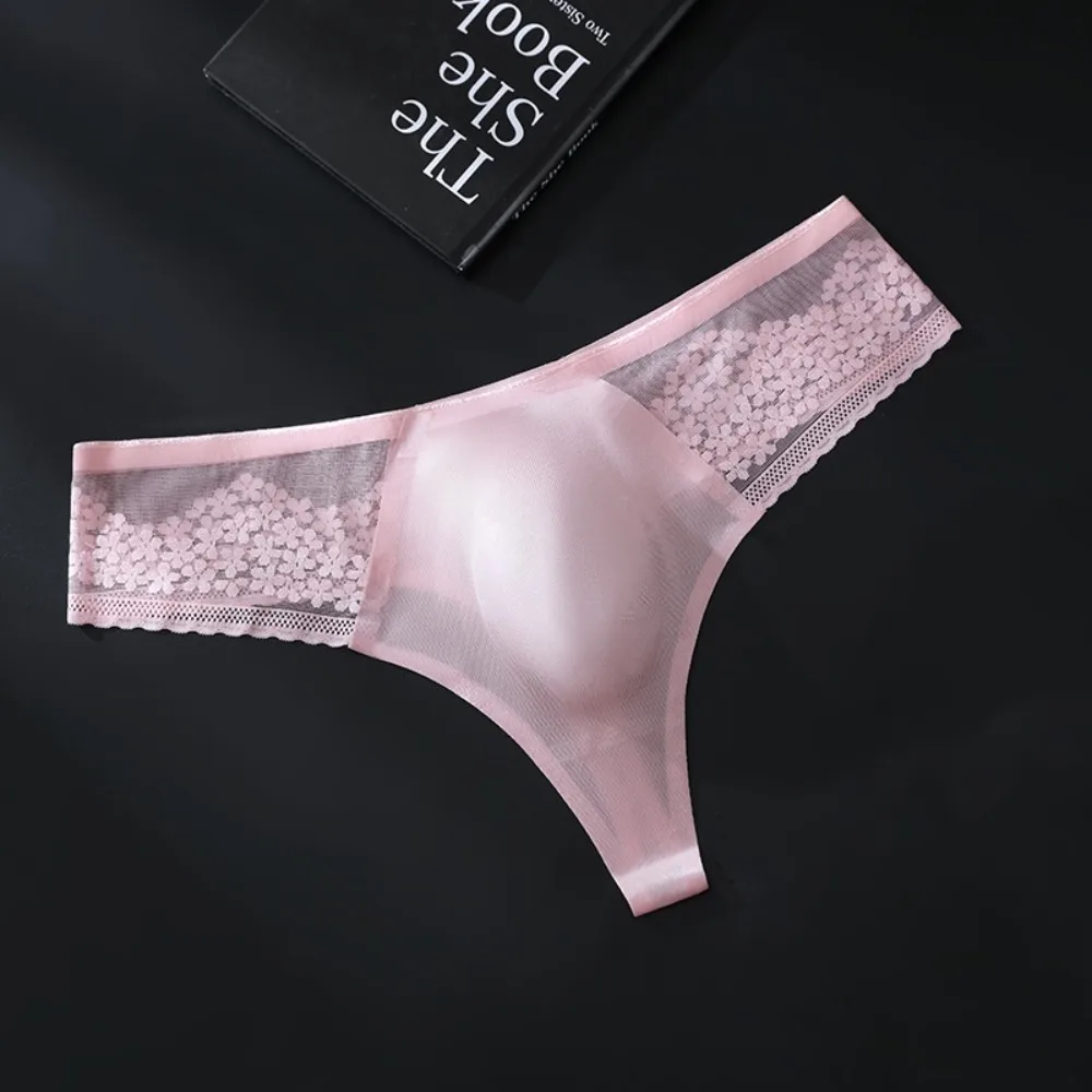 Soft Low Waist Men Ice Silk Thongs Underpants Lace Flower Men's Panties Underwear T-back Male Briefs Sports