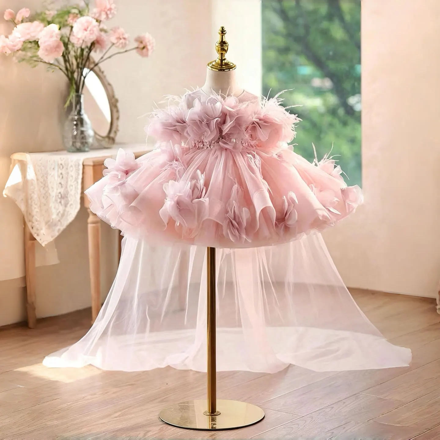 Dreamy Vow D284 Luxury Baby Girls Pink 3D Floral Princess Dress with Detachable Train Elegant Flower Girl Birthday Party Gown