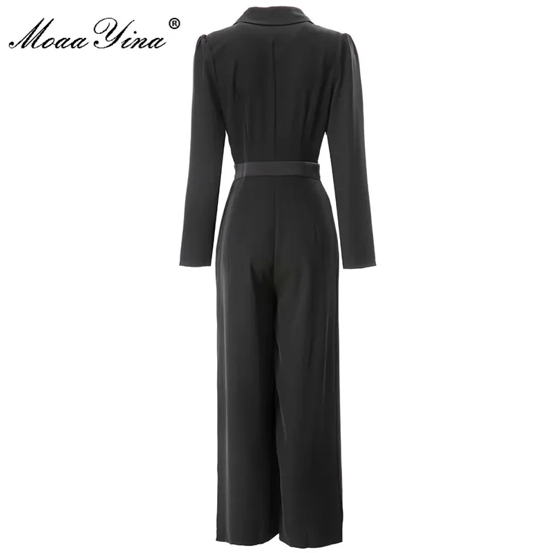 MoaaYina Fashion Runway Spring Summer romper Women Button Decal Long Sleeve Girdle Waist Jumpsuit Romper