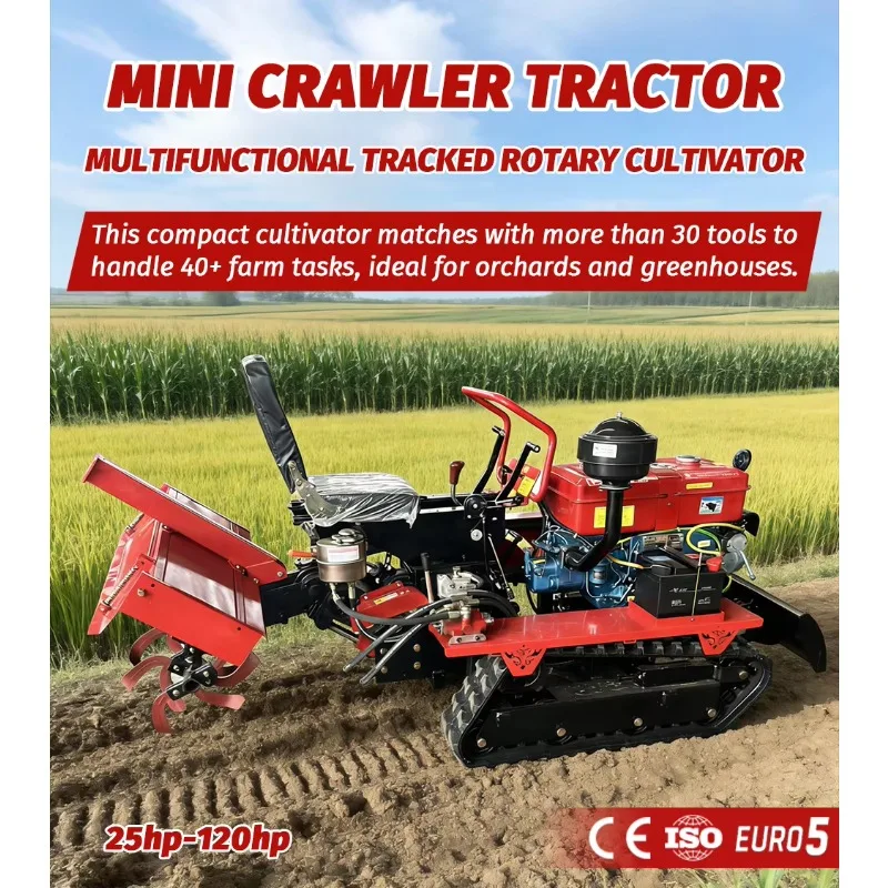 Paddy Field 25HP 35HP Diesel Agriculture Cultivator Crawler Rotary Tiller Waterproof Housing Muddy Land Turning Machine