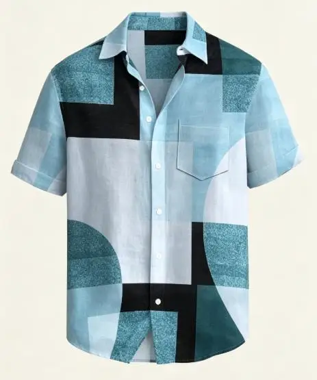 Men Short Sleeve Shirt Geometric Color Block Print Turn‑Down Collar Button‑Up Casual Summer Top