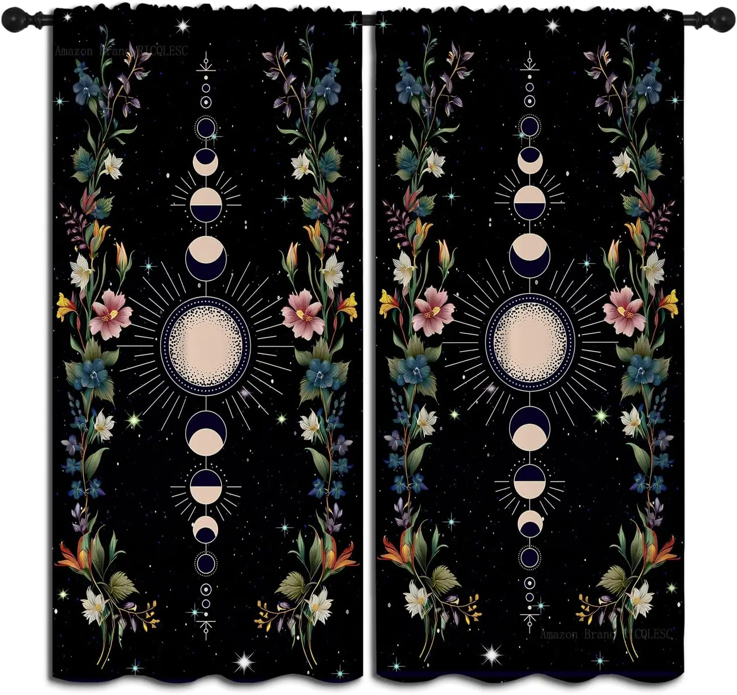 Celestial Moon Cycle Theme Curtain 2 Panels Vine Wild Bloom Twinkle Star Dark Base Living Witchy Floral Home Curtains