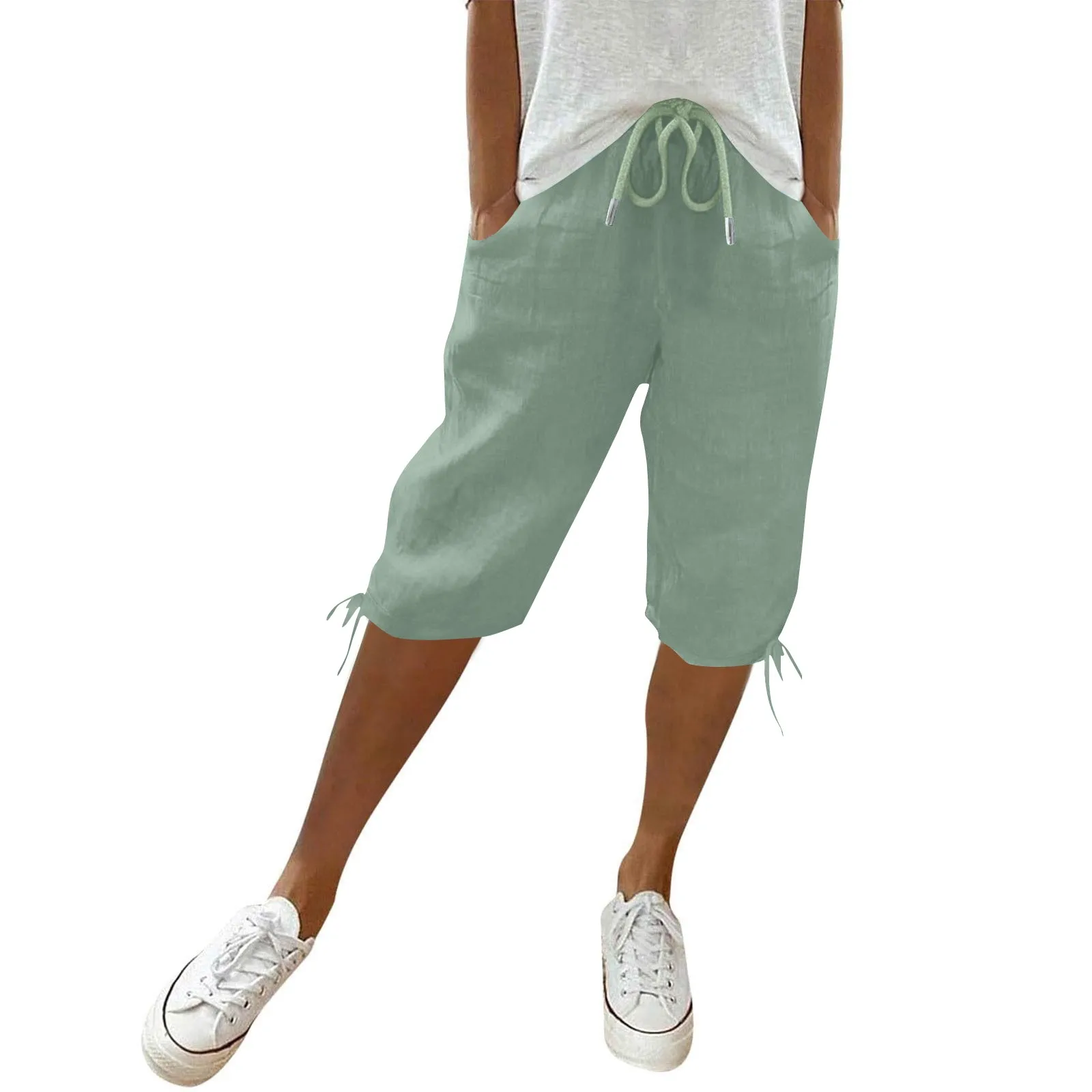 

Женские повседневные капри из льняной смеси с эластичной высокой талией, на шнурке, до колен, с карманами, для лета 2026 года, трендовые брюки