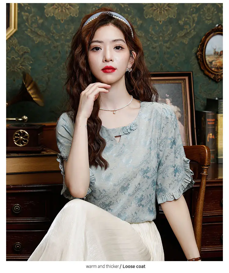 New Chinese Style Black Ears with Chinese Style Short-sleeved Chiffon Shirt for Women in Summer Fashion and Chic Buttoned Top
