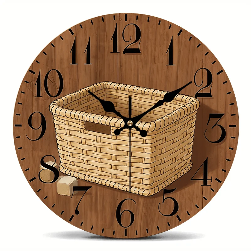 2D Flat. 1pc, Wooden Wall Clock: a Minimalist Clock That Serves As a Creative Home Decor Item, Featuring a Silent Round Design, Perfect for Decorating Bedrooms, Living Rooms, Offices, Kitchens, And Bathrooms