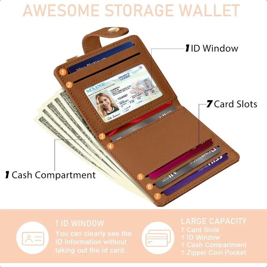 Caramel Rfid Ladies Wallet Small Slim Thin Compact Credit Card Women Wallet PU Leather Bifold Cash Zipper Coin Pocket ID Window