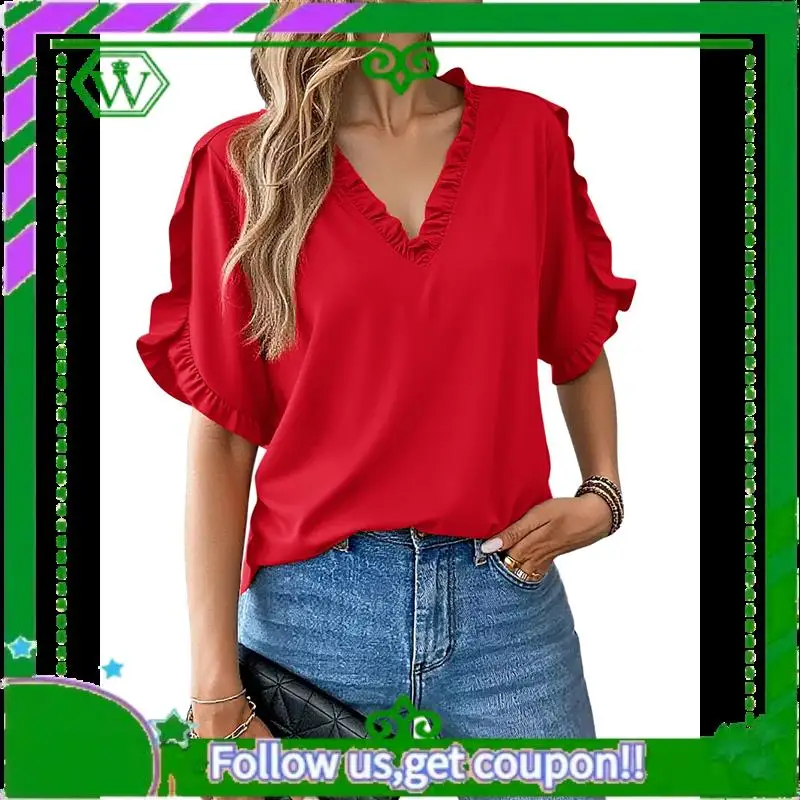 

A18P-Womens Ruffle Short Sleeve Summer Tops Loose V Neck T-Shirt Dressy Casual Solid Blouses