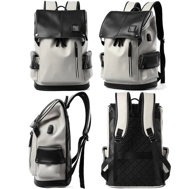 Mochila de couro de alta qualidade masculina com carregamento USB mochila casual de viagem à prova d'água laptop de 15,6 polegadas para adolescentes