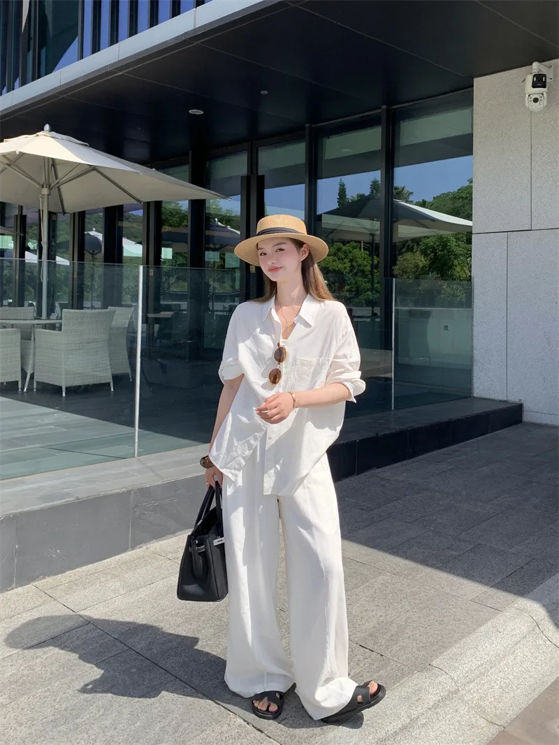 SuperAen 간단한 느슨한 패션 여성 옷깃 칼라 솔리드 컬러 셔츠 2025 여름 새로운 드레이프 캐주얼 바지 투피스 세트