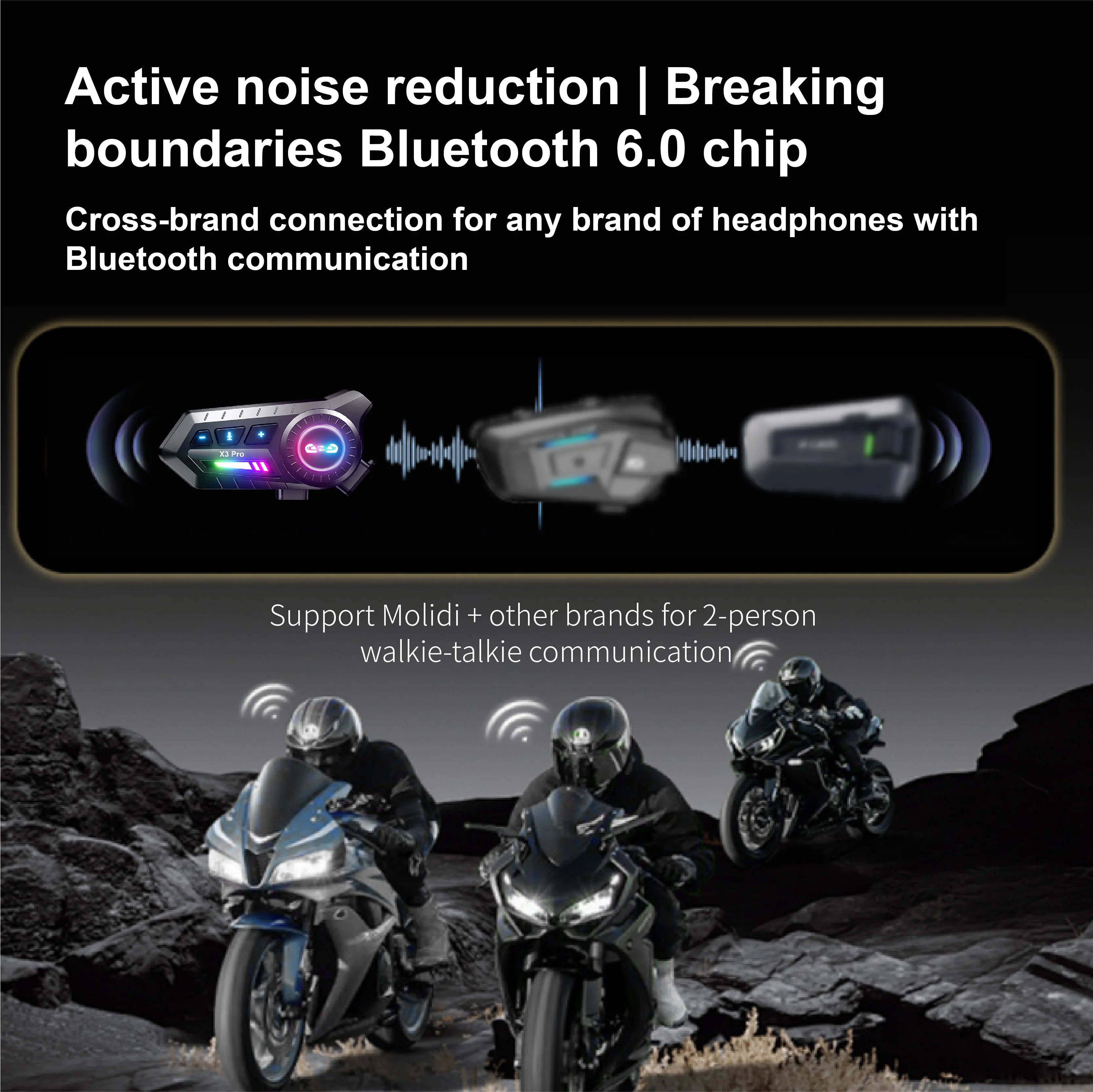Motorcycle Helmet Intercom Headset V6.0 Bluetooth 500M Interphone Waterproof with FM Radio Music Sharing Talking Earphone