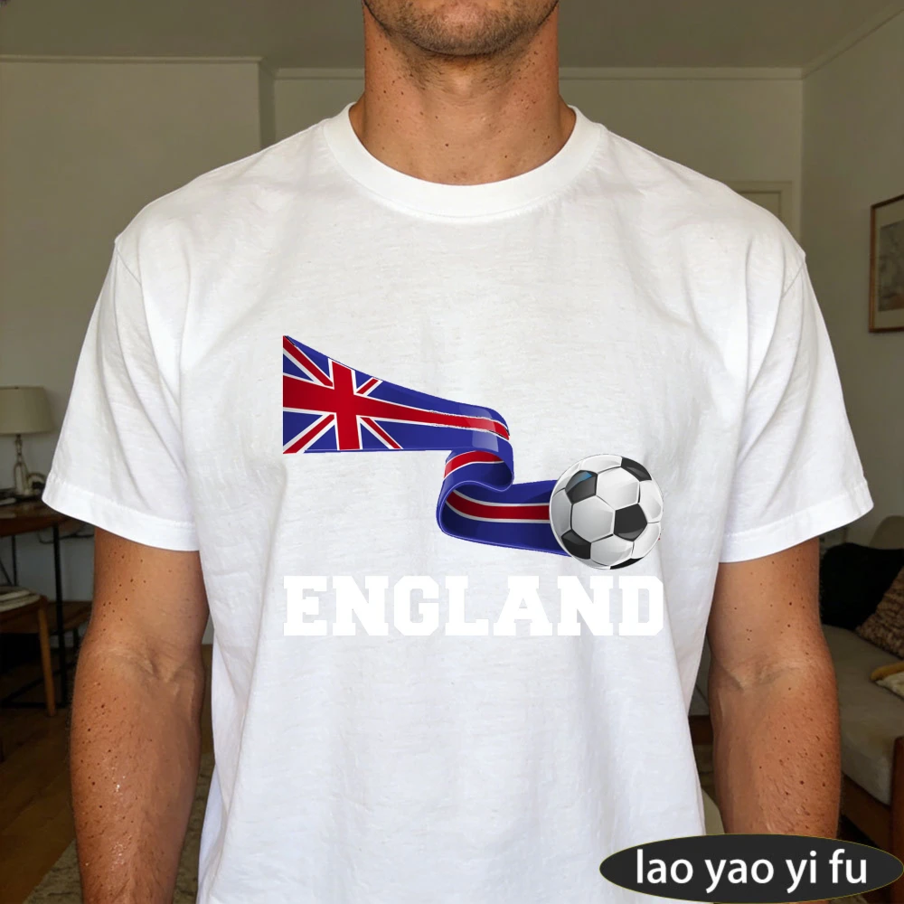 England Flag Soccer Ball Graphic Printed T-Shirt Gift for Football Fans Shirt Soccer Part Supplies Men Fashion Casual Cotton Tee