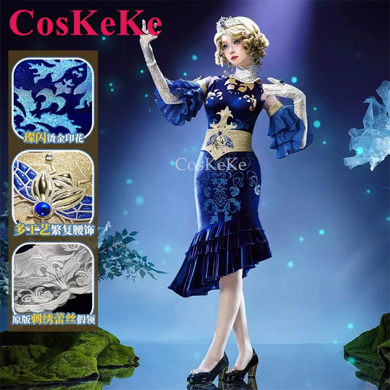 CosKeKe Emily Dyer Cosplay Identity V Costume Dottore Firefly Pelle Elegante Splendido Blu Abito Formale Attività Gioco di Ruolo Abbigliamento