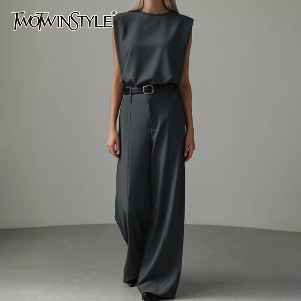 

TWOTWINSTYLE Solid Loose Loose Teo Piece Set for Women Round Neck Sleeveless Top High Waist Pant Minimalist Sets Female Clothing