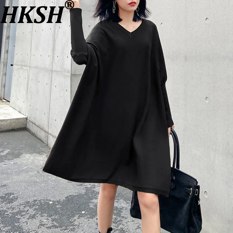 

HKSH Spring Autumn New Women Sweater Dress V-Neck Pullover Long Sleeve Solid Color Versatile Elegant Trendy Knitted Tops HK17315