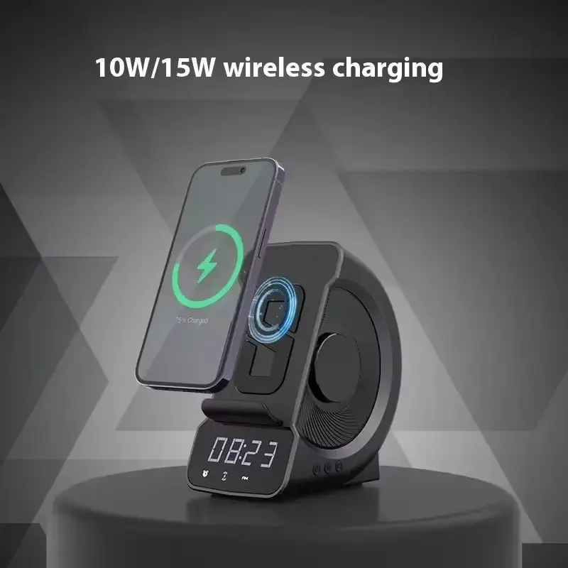 

Беспроводное зарядное устройство «три в одном», Bluetooth-динамик со светодиодным цифровым будильником, держатель для телефона, портативный многофункциональный настольный разговор
