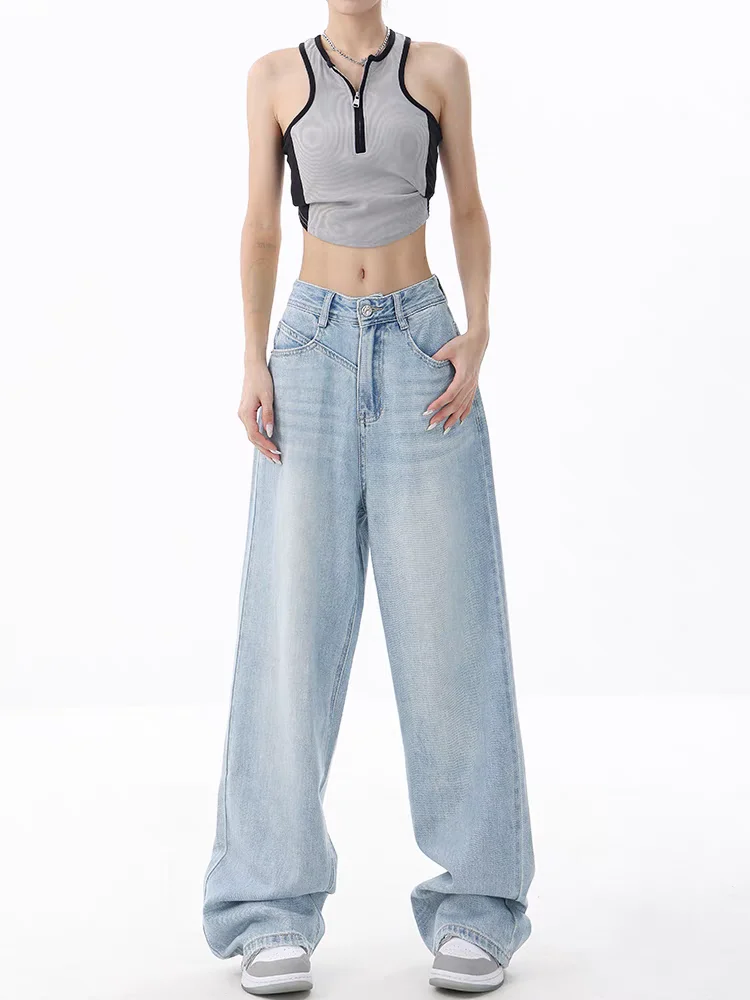 

Women's Light Blue Y2k Jeans Harajuku 90s Aesthetic Baggy Denim Trousers Vintage Jean Pants Japanese 2000s Style Trashy Clothes