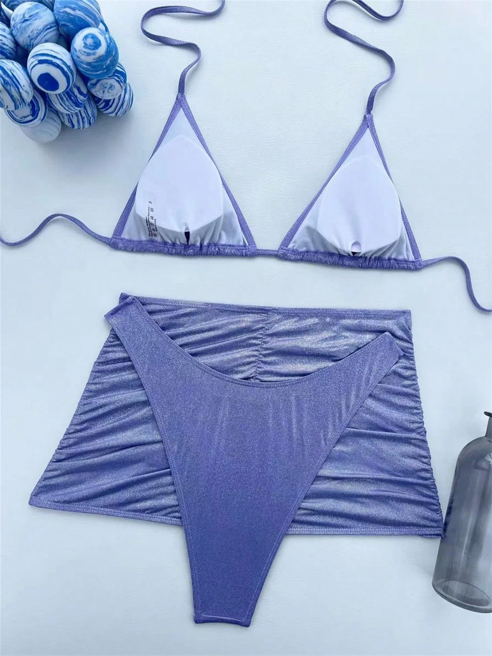 Maillot de bain 3 pièces pour femmes, string brillant, bikini, micro, extrême, dos nu, Y2K, mini jupe, ensemble deux pièces, pour la plage