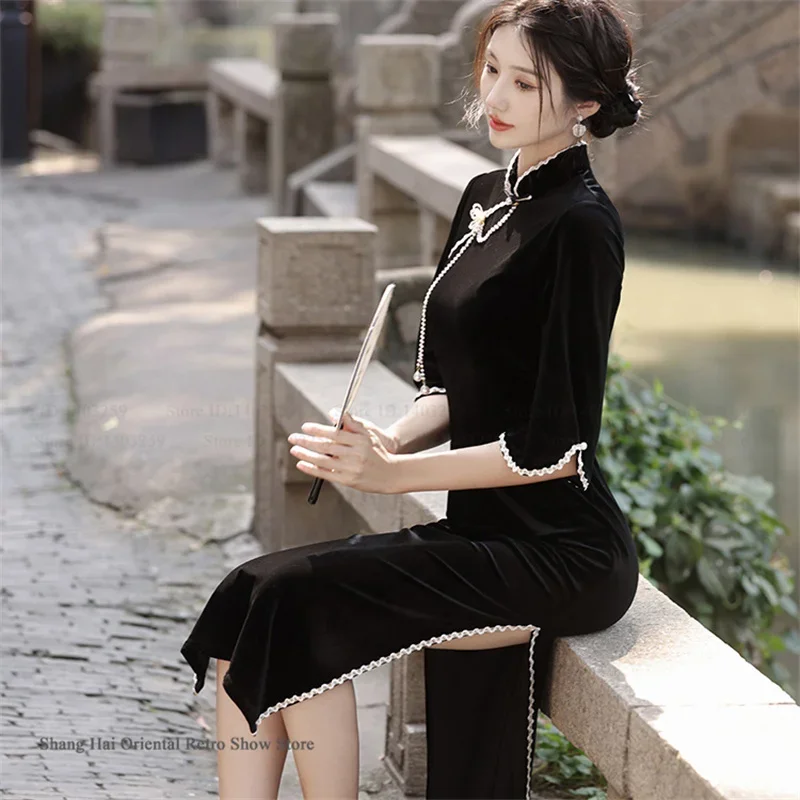 

Традиционное женское платье-ципао с воротником-стойкой, осенне-зимнее, новое, бархатное, длинное, элегантное, с рукавом до локтя, китайское платье, сексуальное, Vestidos