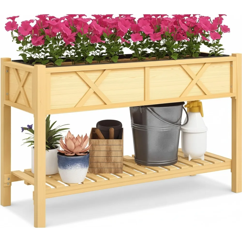 

Elevated Wood Planter Box with Storage Shelf, Drainage Holes & Liner for Backyard, Patio, Balcony Gardening