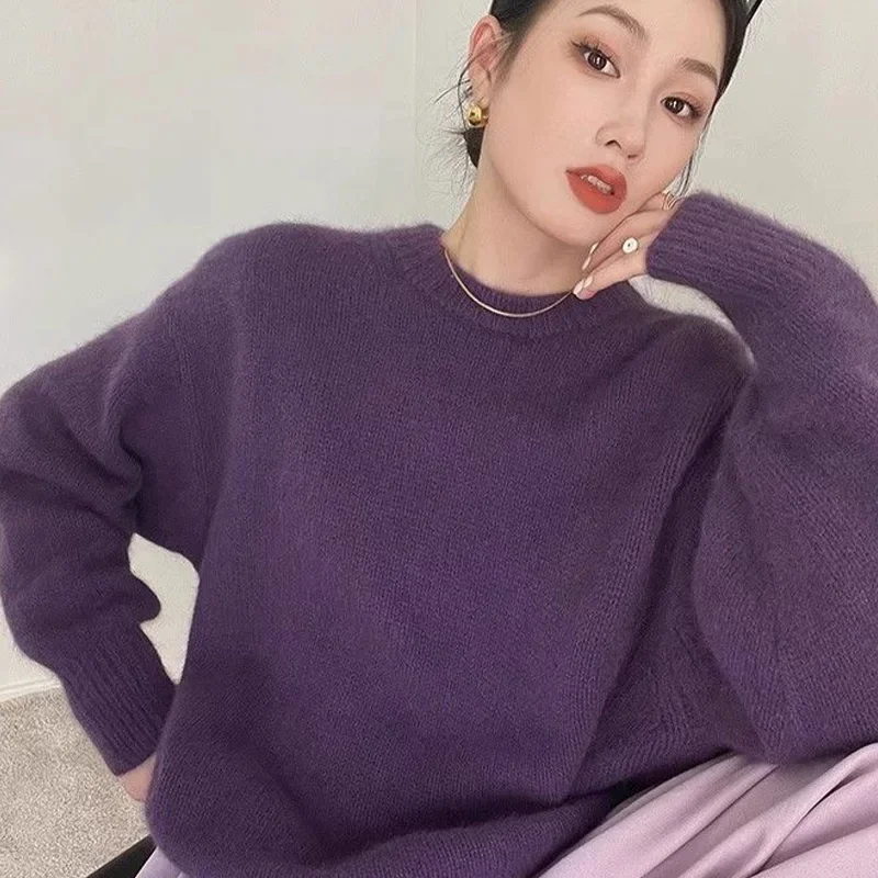 Autumn/winter New Retro High-end Purple High Quality Round Neck Knitted Sweater Loose Casual Fashion Long Sleeved Women's Top