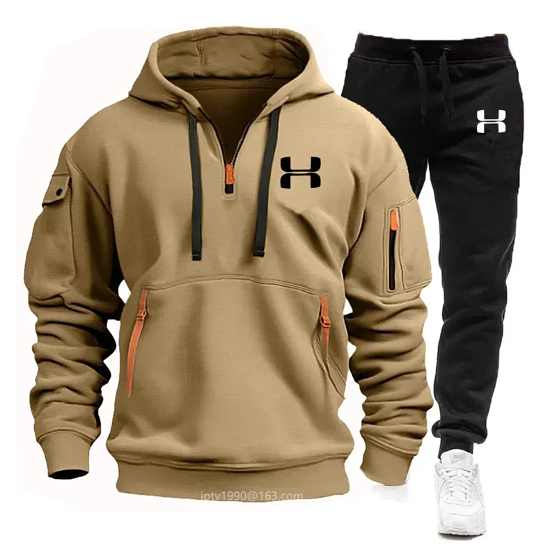 Winter new men\'s leisure sports jogging long-sleeve suit fashion printed multi-pocket zipper hoodie + sweatpants 2-piece set