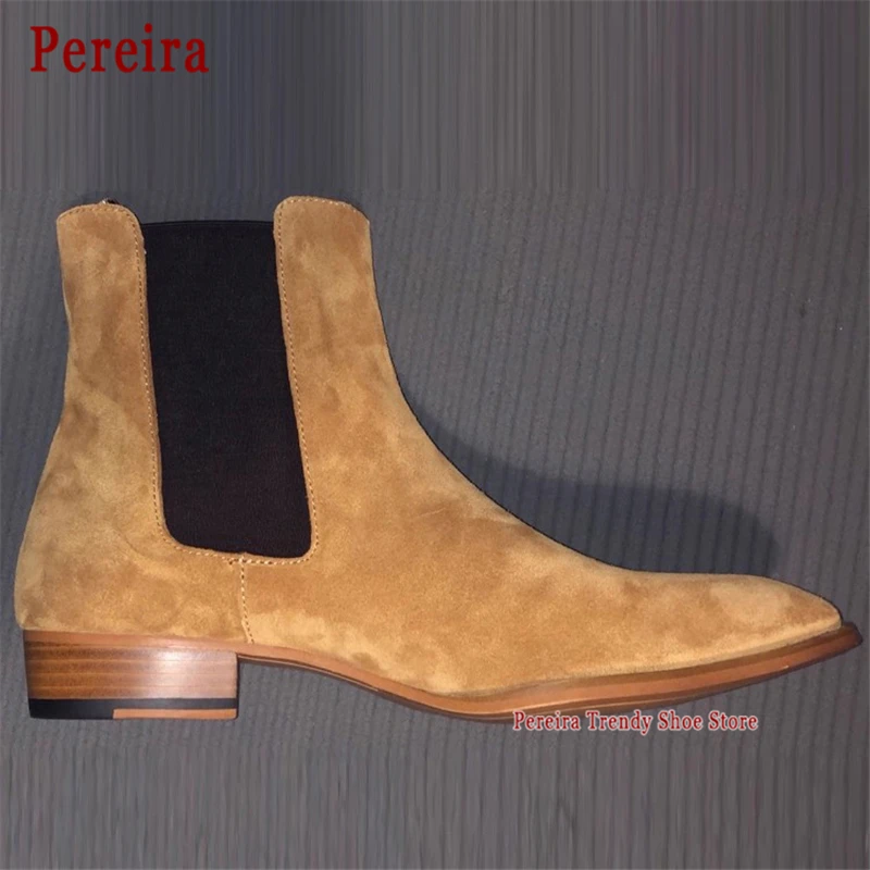 

Men's Suede Chelsea Boots Handmade Cowhide Pointed Toe Low Heel Short Boots British Style Male Business Dress Shoes Plus Size