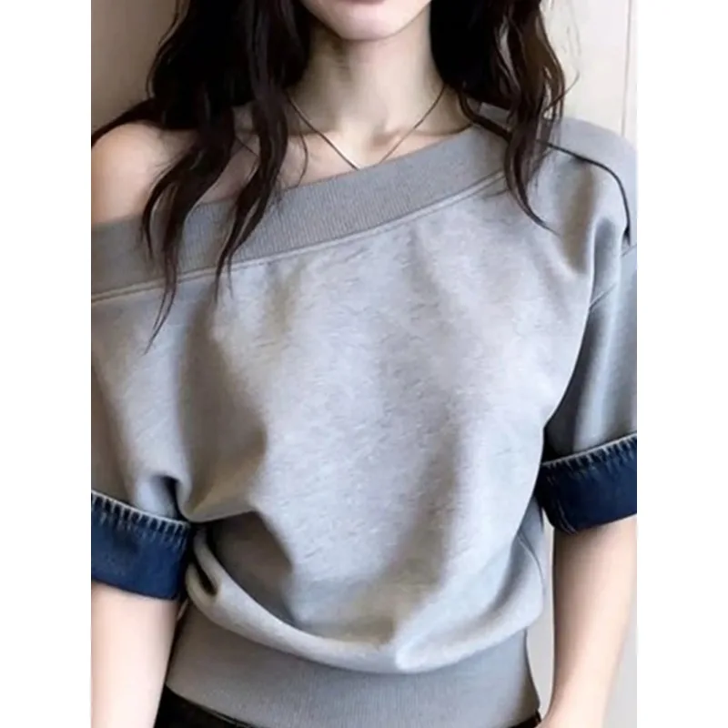 Niche Design Women Off Shoulder Short Sleeve Top Denim Cuff Slim Waist Casual Summer T Shirt