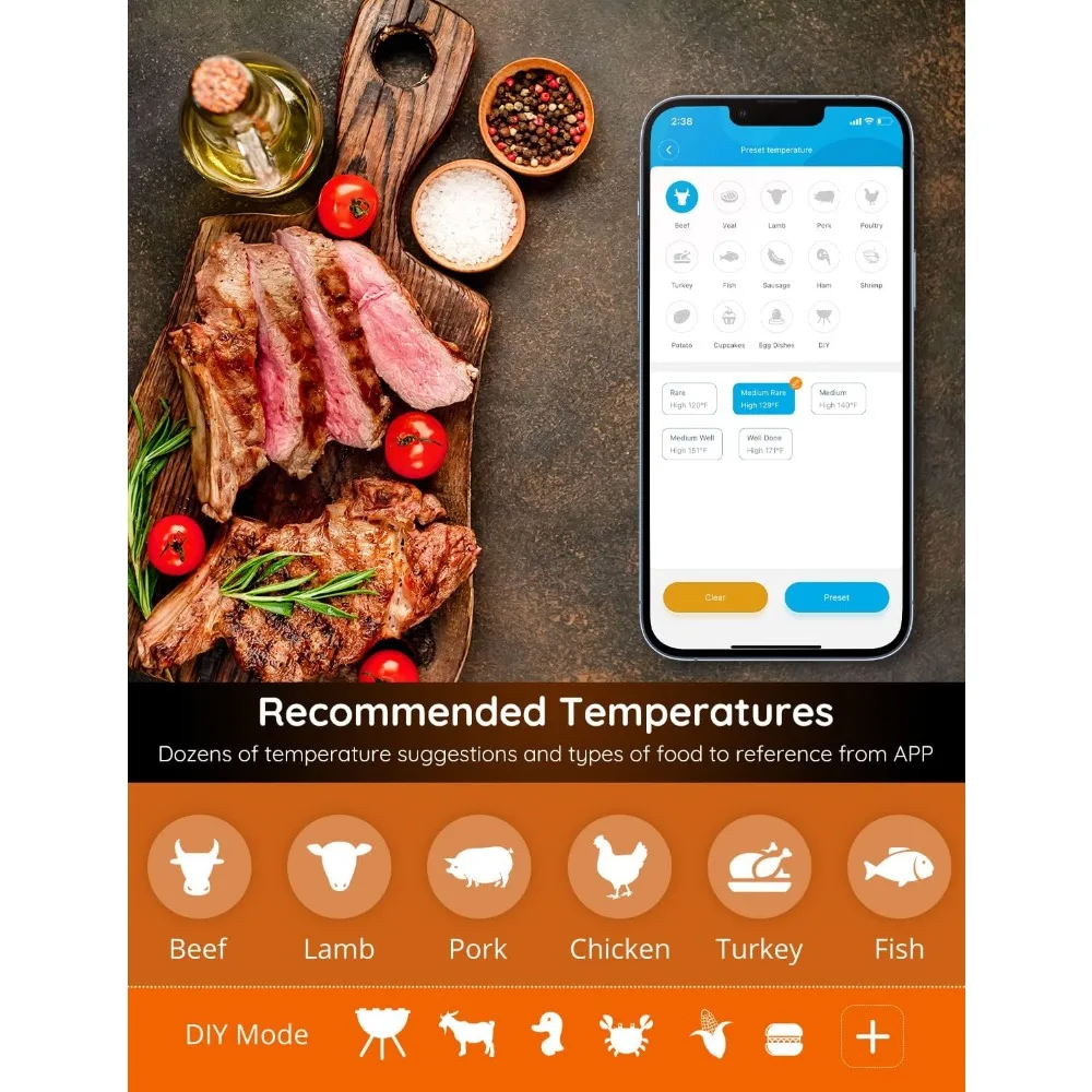 Termómetro de carne WiFi con 4 sondas, termómetro inteligente para parrilla con Bluetooth, alerta de notificación por aplicación remota