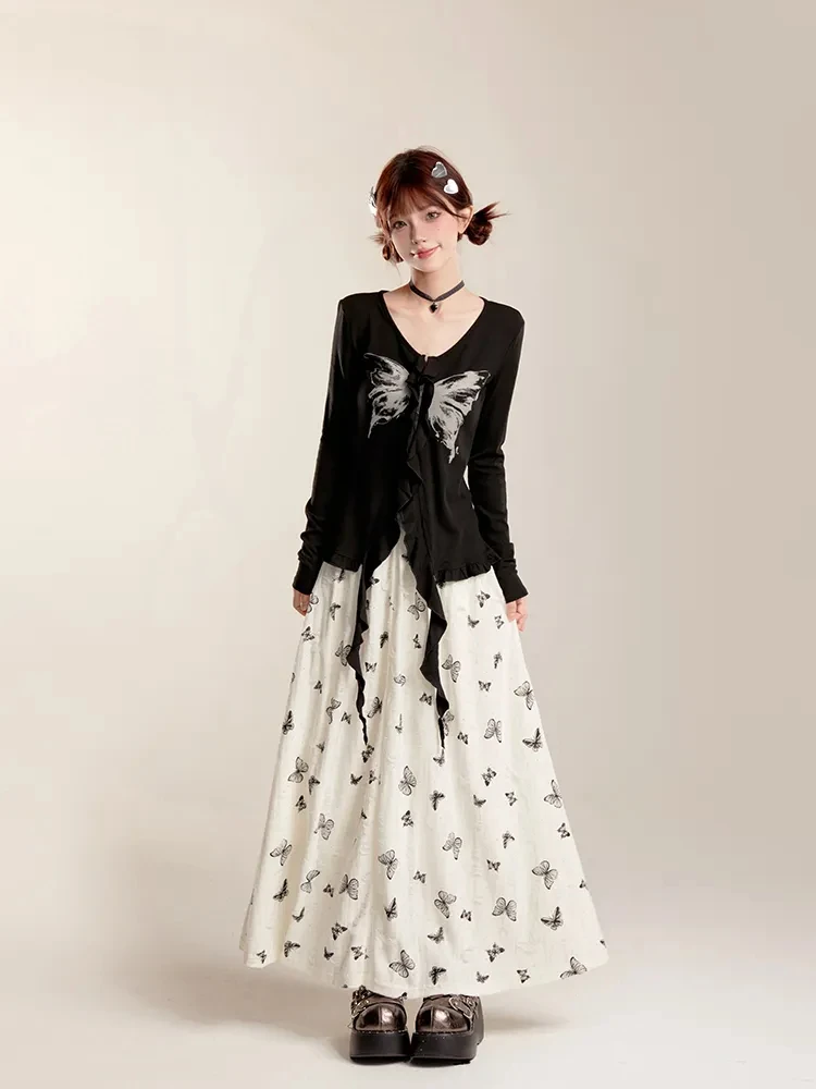 

Fashion Print Long Skirt Women 2025 Summer Elastic Waist Large Swing A-line Skirts Vintage Streetwear