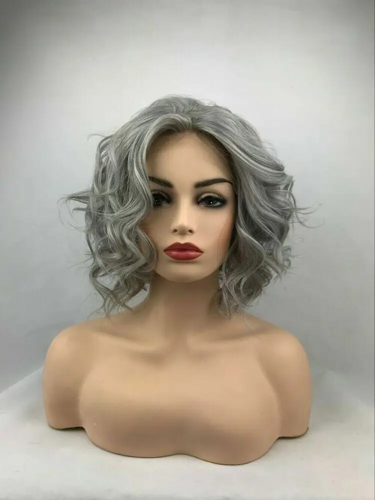 Shoulder Length T Part Lace Front Wigs Synthetic Curly Wig Wavy Gray Short Woman