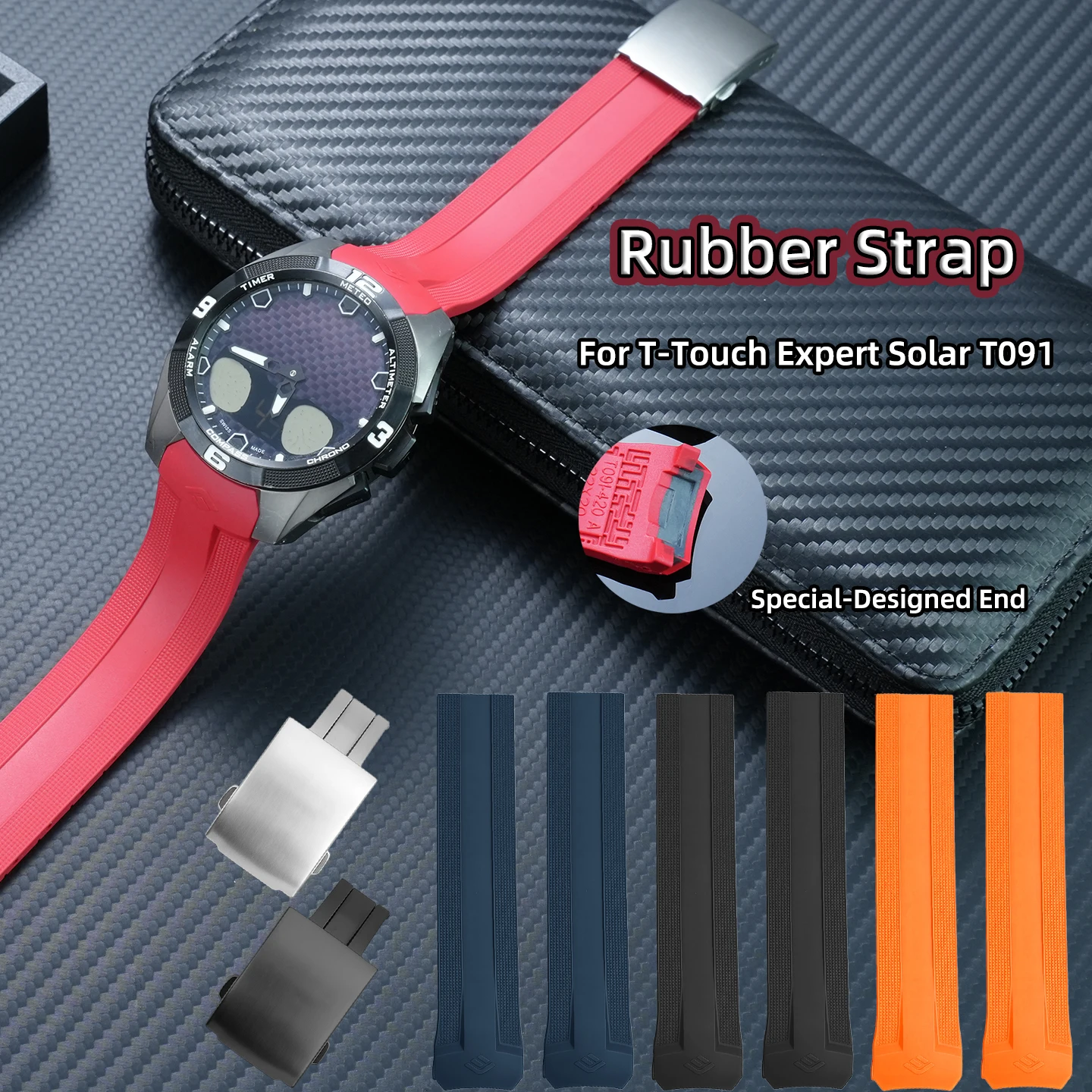 Men 22mm Curved End Rubber Strap Fit Tissot T‑Touch Expert Solar T091420A Special Replacement Watch Band T091 Watch Accessories