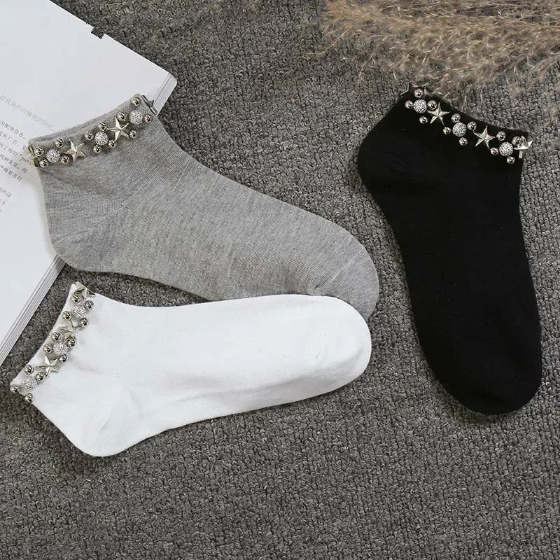Handmade Japan Pearl Stars Fishnet Socks Women Creative Reto College Style Socks Harajuku Hollow Out Calcetines Mujer