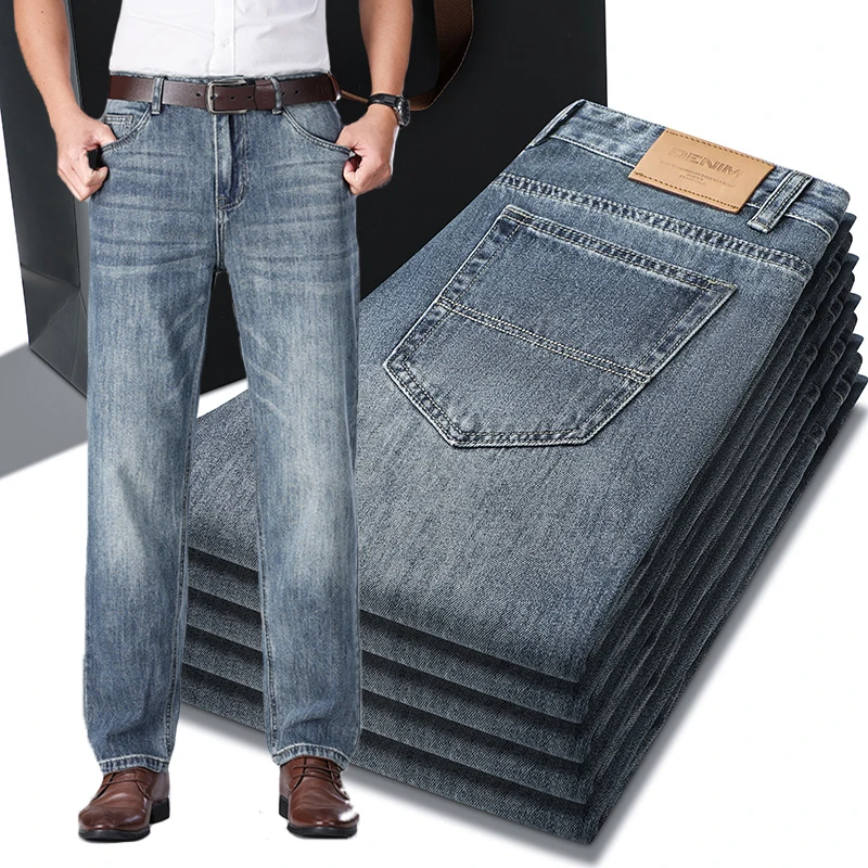 

Summer Jeans Men's Thin Vintage Cotton Fashion Business Trousers Stretch Breathable Male Slim Straight Brand Denim Pants
