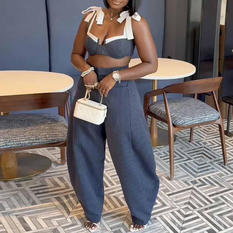 Chic Contrast Color Splice Tie Up Backless Outfit Sexy Straps Off Shoulder Club Suit Women Casual High Waisted Top+Pants 2pc Set view 6