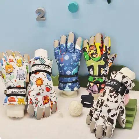 1 쌍 전체 손가락 어린이 스키 장갑 조정 가능한 양털 어린이 눈 따뜻한 장갑 터치 스크린 방수 겨울 따뜻한 장갑