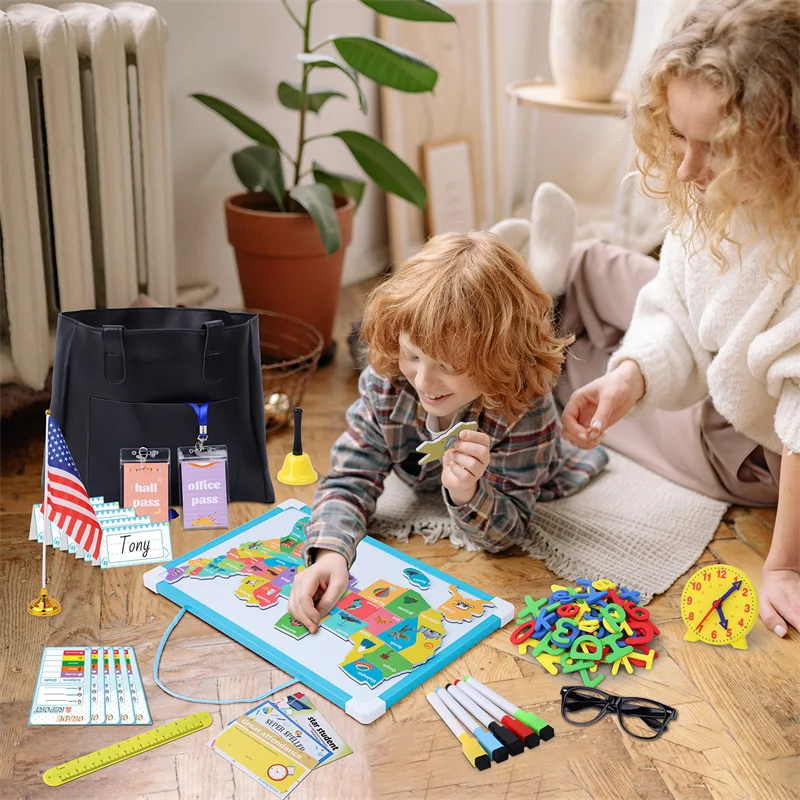 Pretend Play Toys Set para Crianças, Bolsa do Professor, Brinquedo Educativo para Sala de Aula, Kit Presente para Crianças, Marcadores de Relógio