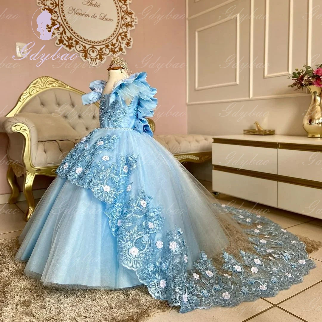 Vestido de niña de flores de tul rosa para boda, apliques de manga larga con lazo, largo hasta el suelo, vestido de primera comunión de princesa para niños