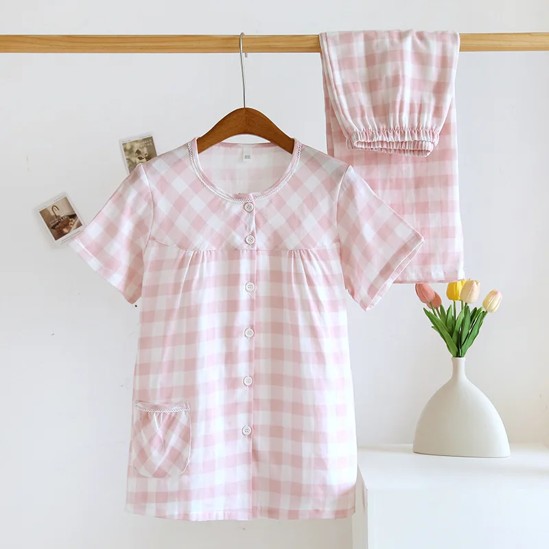 2024 Summer New Women's Pajamas Short Sleeve+Capris Two Piece Set of 100% Cotton Women's Round Neck Plaid Simple Homewear Set