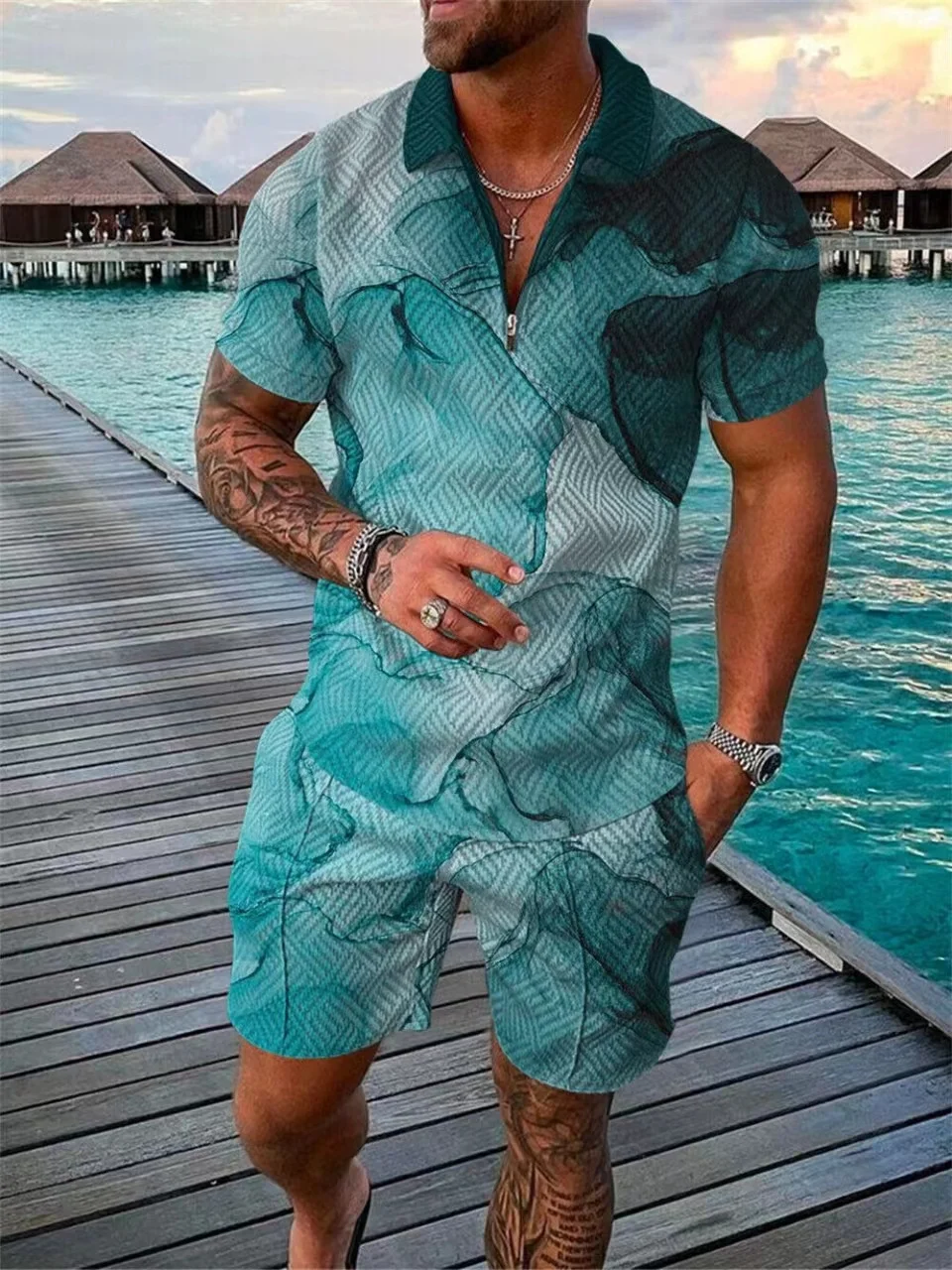 2024 Summer explosiv Men\'s Fashion Trend Print two-piece Set Comfortable casual Trend Short-sleeved Shorts Pullover top