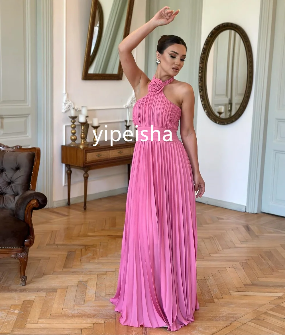 Customized Sizes Available Chiffon Pleat A-line Halter Long Dresses Homecoming  Classic Exquisite Modern Style High Quality