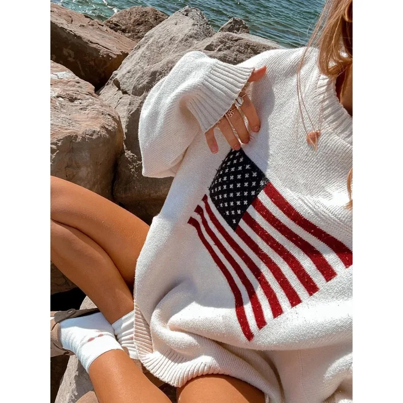 Vintage de malha com bandeira americana feminina, suéteres de manga comprida, pulôver extragrande, tops de inverno, roupas luxuosas, Y2K, estética