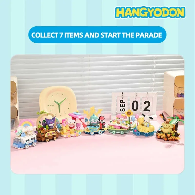 Sanrio série blocos de construção hangyodon kuromi olá kitty melodia flor modelo carro tijolos decoração desktop crianças brinquedos diy presentes