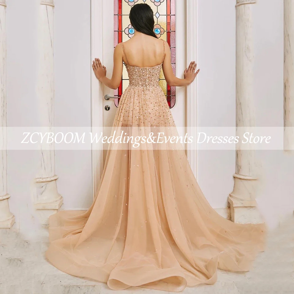 Charming Spaghetti Strap Pearls Rhinestone Evening Dress 2025 A-Line Floor Length Sweep Train Zipper Custom Made Prom Dress