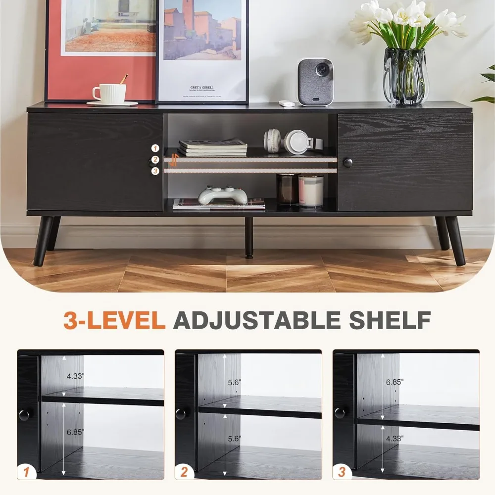 TV Stand for 55 60 inch Television, Entertainment Center with Storage, 2 Cabinet Media Console Table, Soft Hinge Doo