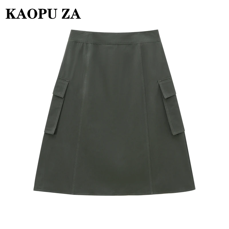 KAOPU ZA 2024 Autumn Female Chic Button Imitation Leather Leather Skirt Midi Skirt Classic Woman's Ruffles Regular Fit Pockets