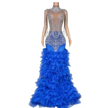 반짝이는 로얄 블루 다이아몬드 인어 무도회 원피스, 반짝이 스팽글 구슬, 크리스탈 라인석, 축제 파티 원피스, Lanlianhu