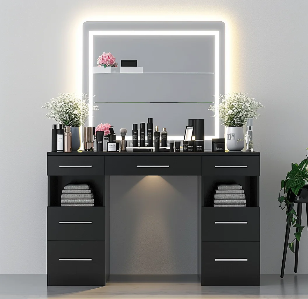 !@New Arrival Black Makeup Vanity Desk With Mirror and LED Lights Large Adjustable Vanity Table Set Dressing Table for Bedroom 5
