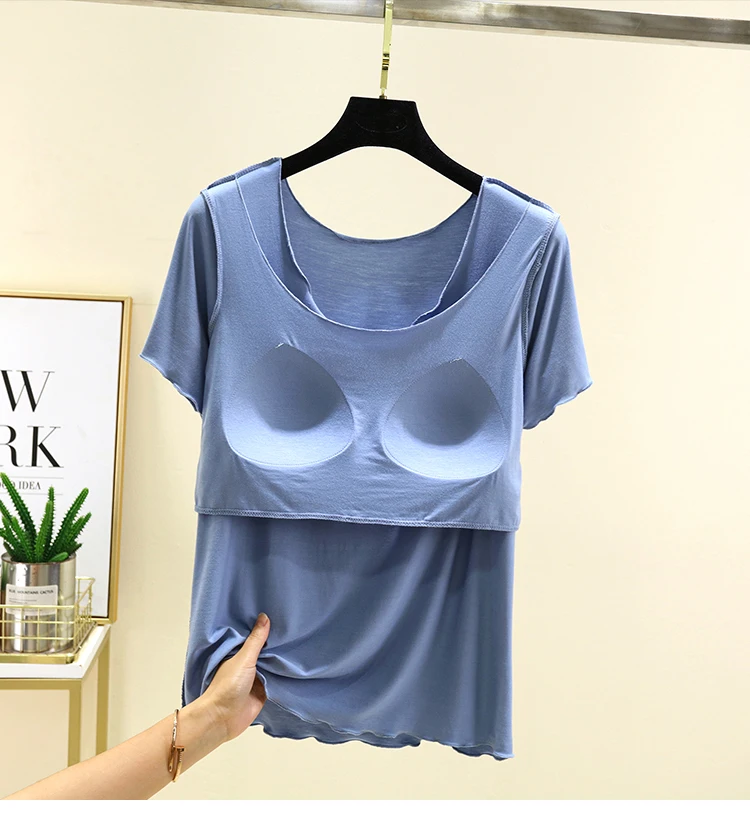 Modal Home Clothes Top Women Loose Large Size Chest Pad T-Shirt Outdoor Wear Thin Cool Sensation Short Sleeve Bra-Free Top